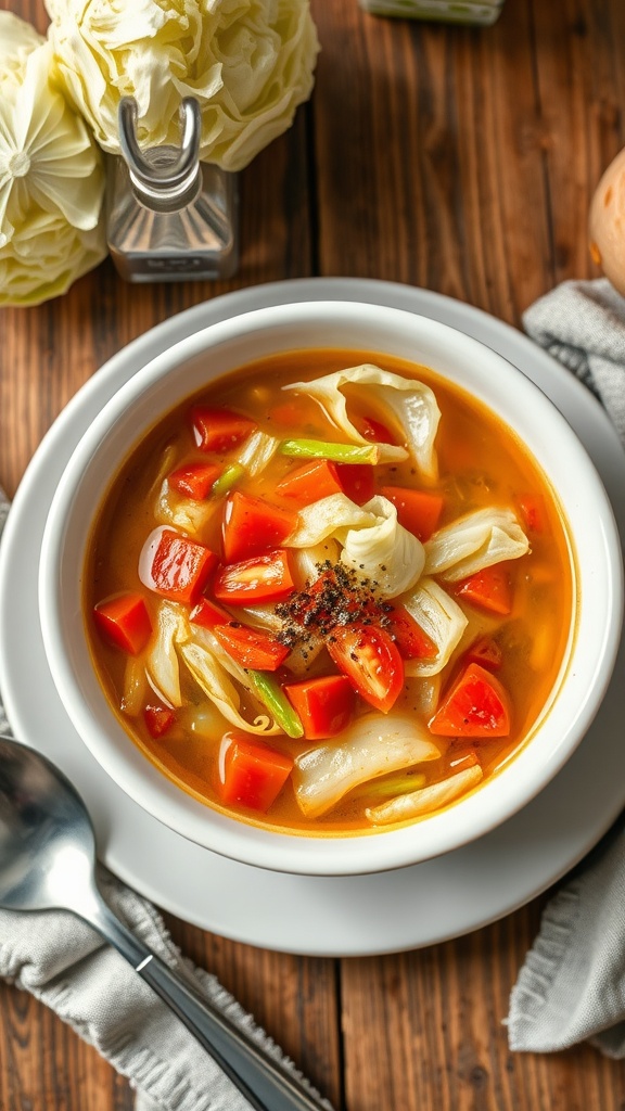 A bowl of cabbage soup with chopped cabbage and diced tomatoes, garnished with black pepper on a wooden table.